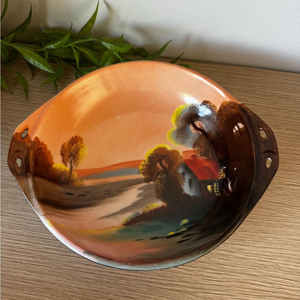 Noritake Ceramic Bowl with Orange and Brown Landscape